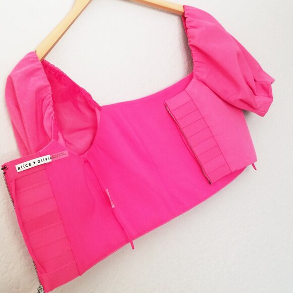 Alice + Olivia Joslyn Puff Sleeve Cropped Top in Wild Pink Size 4 Barbie $295 - Picture 14 of 16